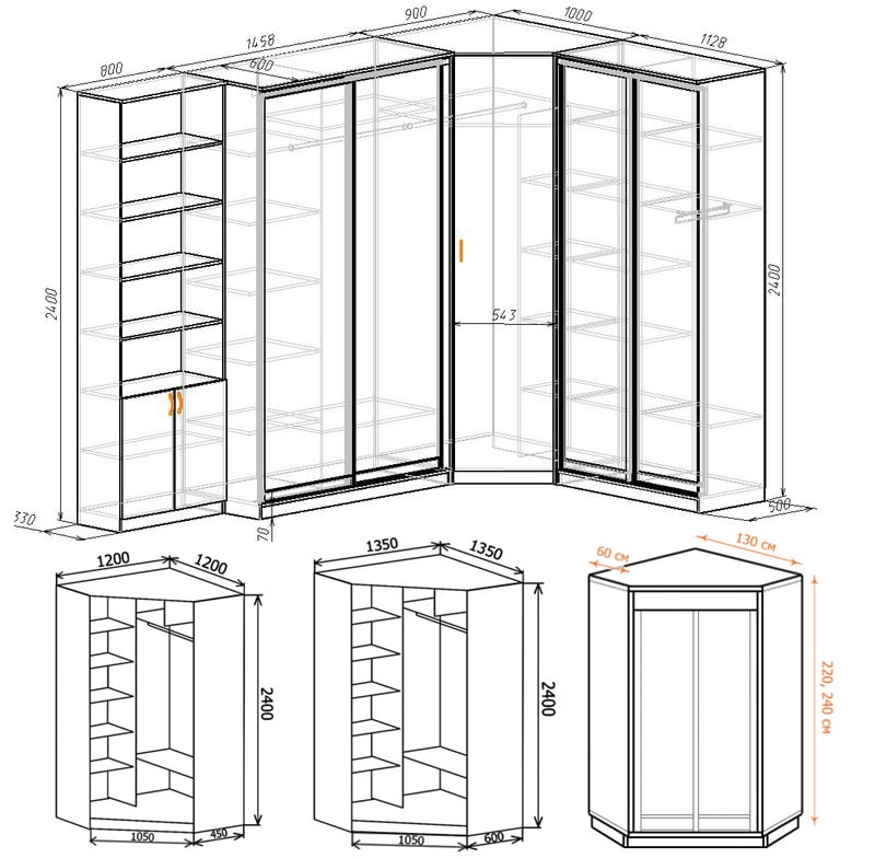 A sarok szekrények diagramjai, méretekkel