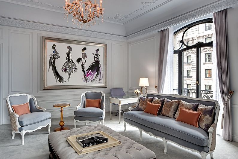 Living room with gray walls and ceiling.