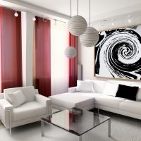 Art Nouveau living room with red curtains