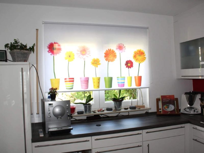 Rolled curtains with photo printing on the window of the kitchen of a panel house