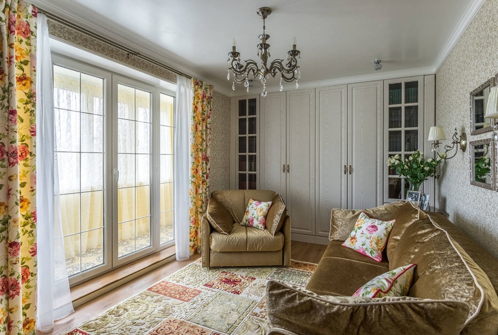 Large window of the hall with floral curtains