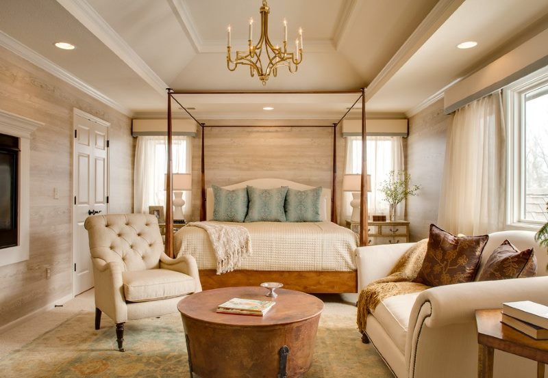 The interior of the bedroom with lining trim under the beam