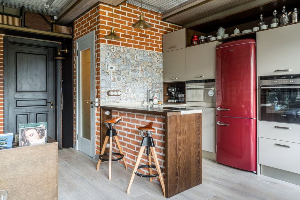 Brick bar counter with wooden worktop