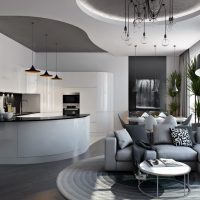 Layered plasterboard ceiling in the living room interior