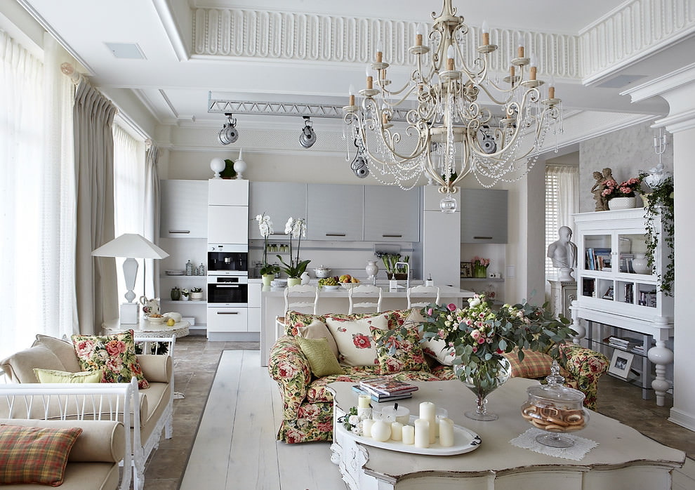 Sofa with colorful upholstery in the kitchen-living room