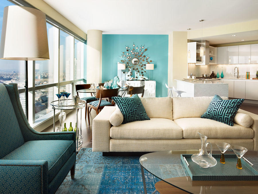 Blue walls in the living room with a panoramic window