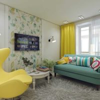 Yellow curtain on the window of an apartment in a prefabricated house