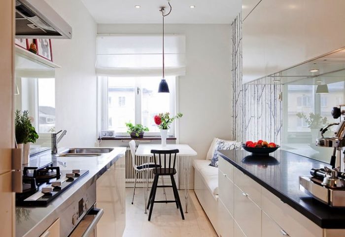 Scandinavian narrow kitchen interior