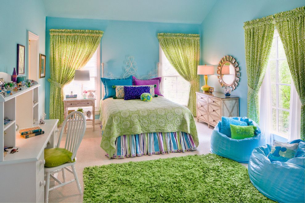 Green curtains in the interior of a children's room