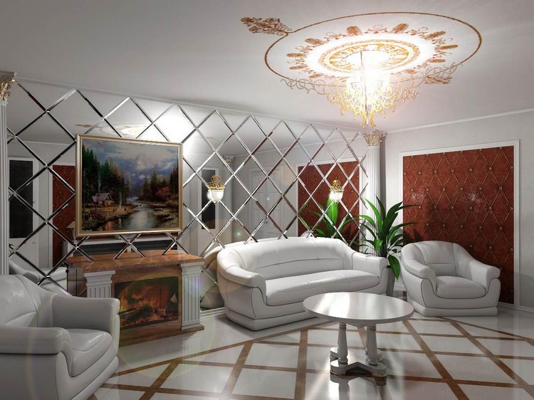 Salon design avec un mur de miroir