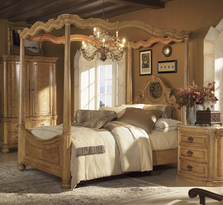 Wooden bed in a bedroom interior of a country house