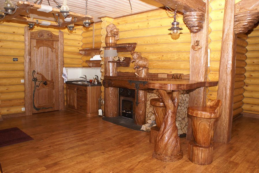 Wooden furniture in the waiting room of the Russian bath