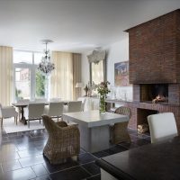 Brick fireplace in a modern living room