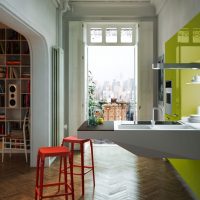 Glossy facades of a kitchen set