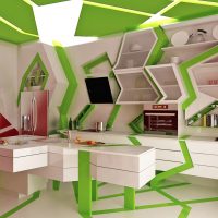 White-green kitchen set of irregular shape