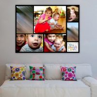 Panel of color photographs of children on the wall in the living room