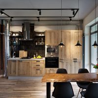 Wooden furniture in a loft style interior