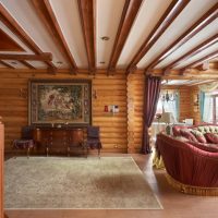 Wooden beams on a white ceiling