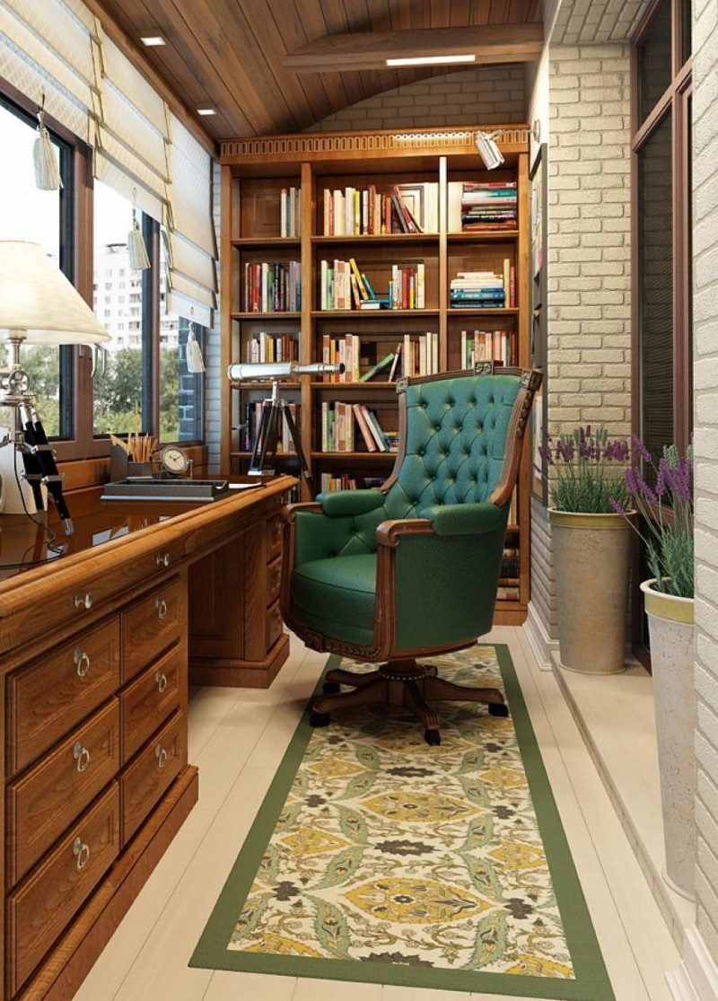 Classic cabinet table on the balcony of a brick high-rise building