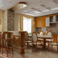 Wooden bar counter in classic kitchen