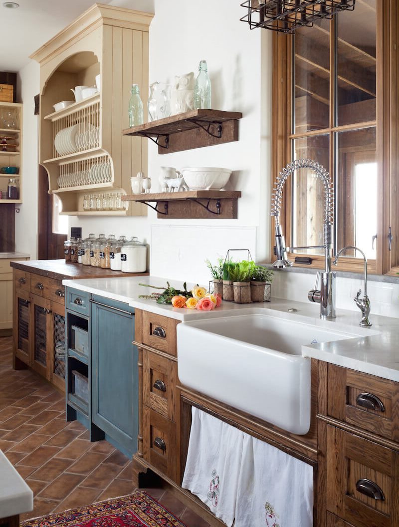 Hanging shelves with kitchen utensils