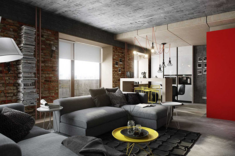 Mur de briques dans un salon de style loft