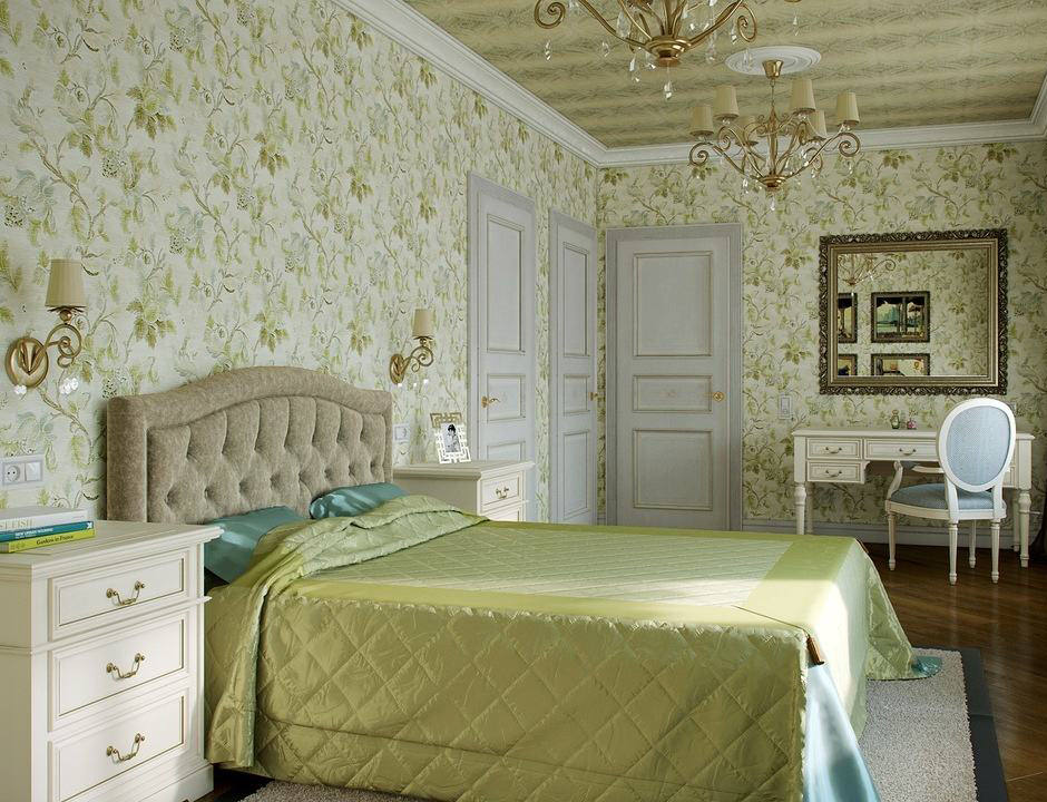 Spavaća soba klasičnog stila s cvjetnim tapetama
