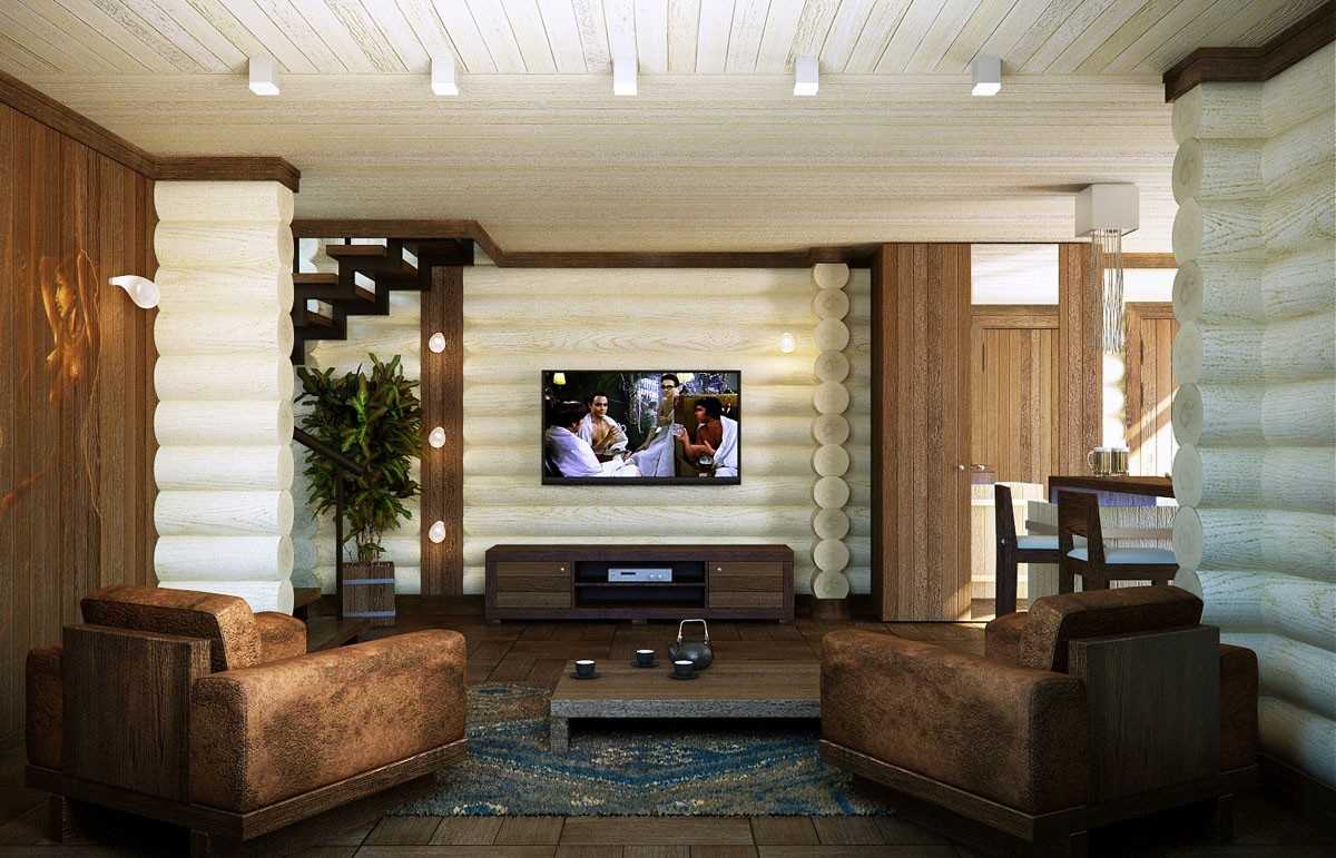 Dizajn svijetle dnevne sobe u kući od brvnara