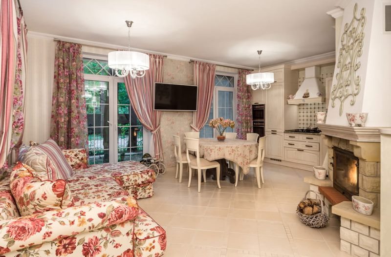 Interior of a large Italian-style kitchen-living room