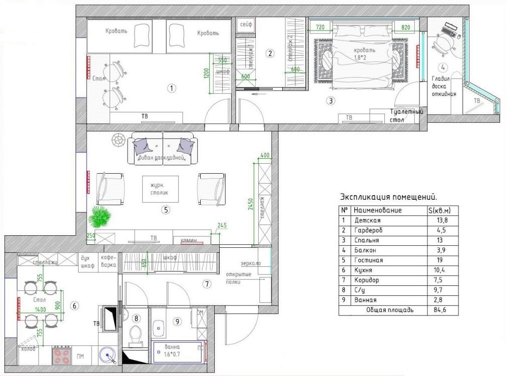 Plan trosobnog stana p44t serije nakon preuređenja