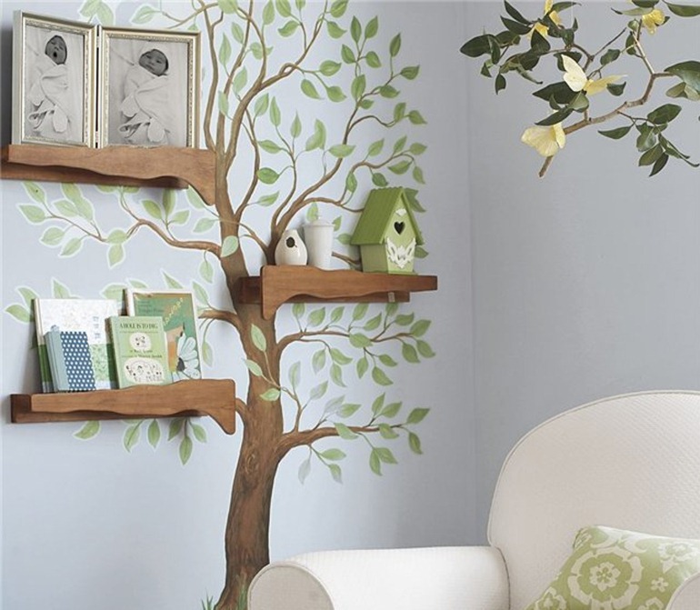 Wood wooden shelves on a nursery wall