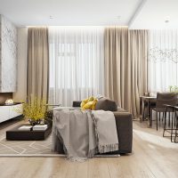 Gray sofa in the center of a spacious living room