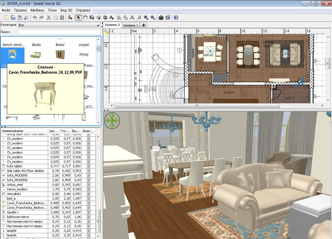 Snimka zaslona Sweet Home 3D prozora dok dizajnirate sobu
