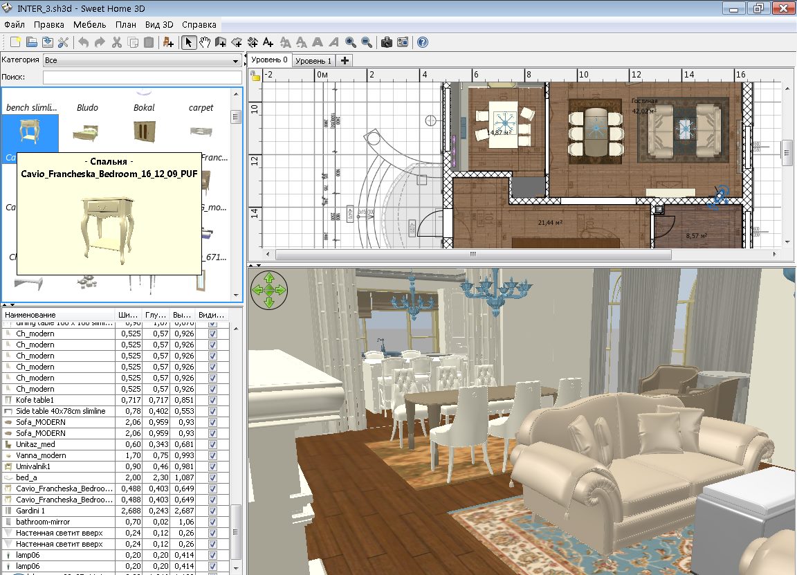 A Sweet Home 3D ablak képernyőképe a szoba tervezése közben