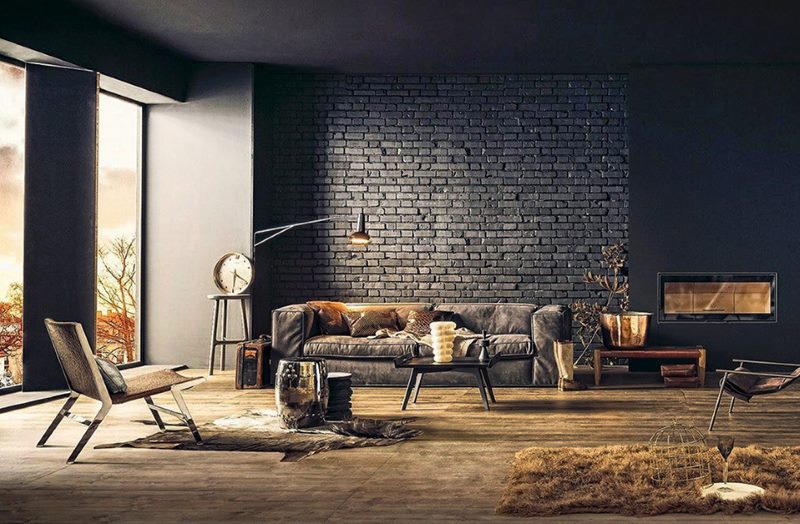 Murs de briques sombres dans une maison de style industriel