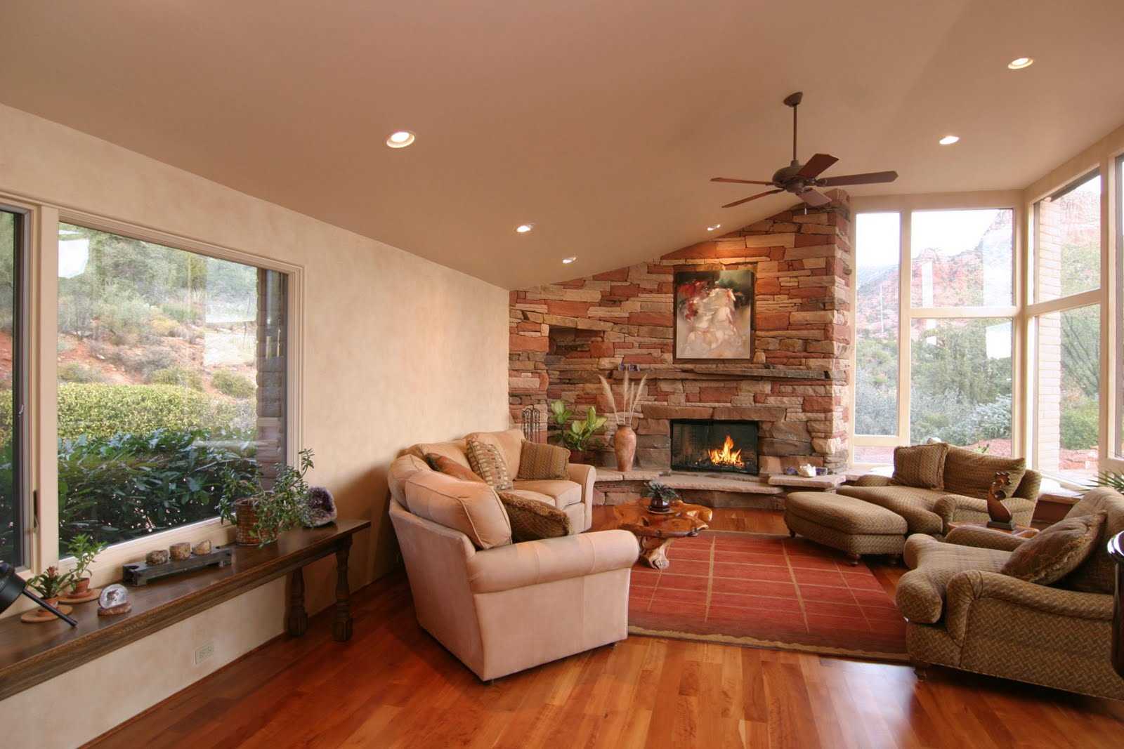 Living room interior with fireplace in a country house