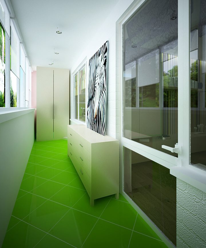 Pavimento verde in ceramica all'interno del balcone