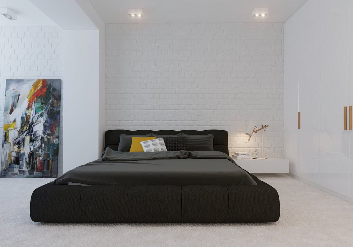 Crni krevet u spavaćoj sobi minimalističkog stila
