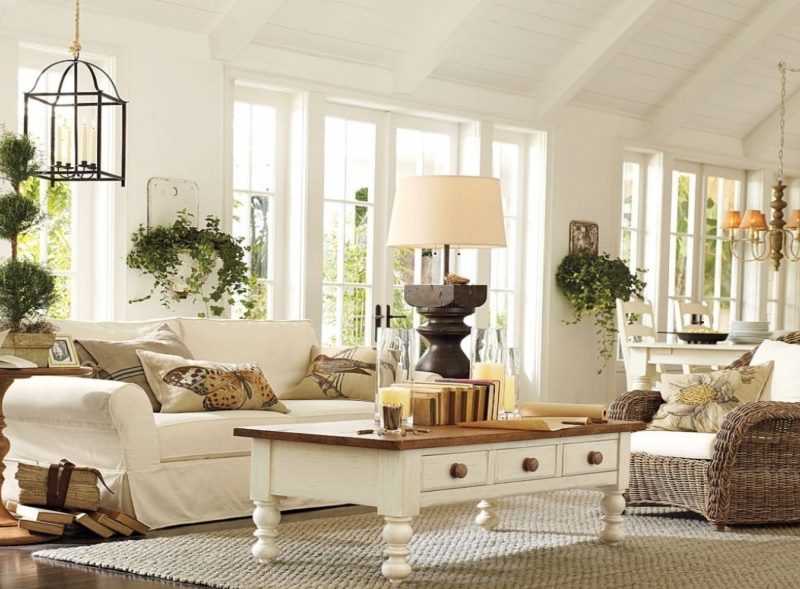 Natural wood coffee table in a white living room