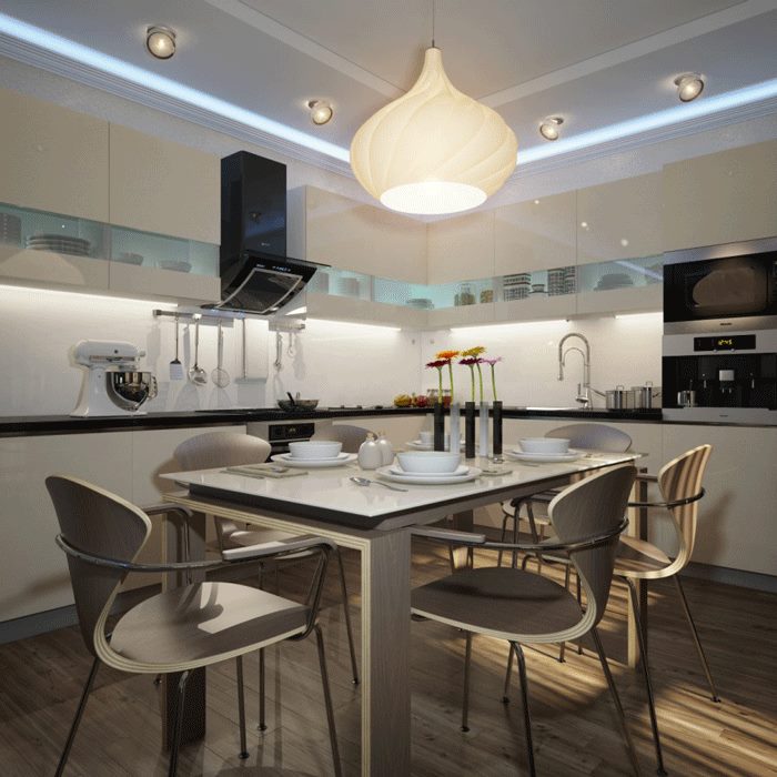 Dining table in the high-tech kitchen-living room