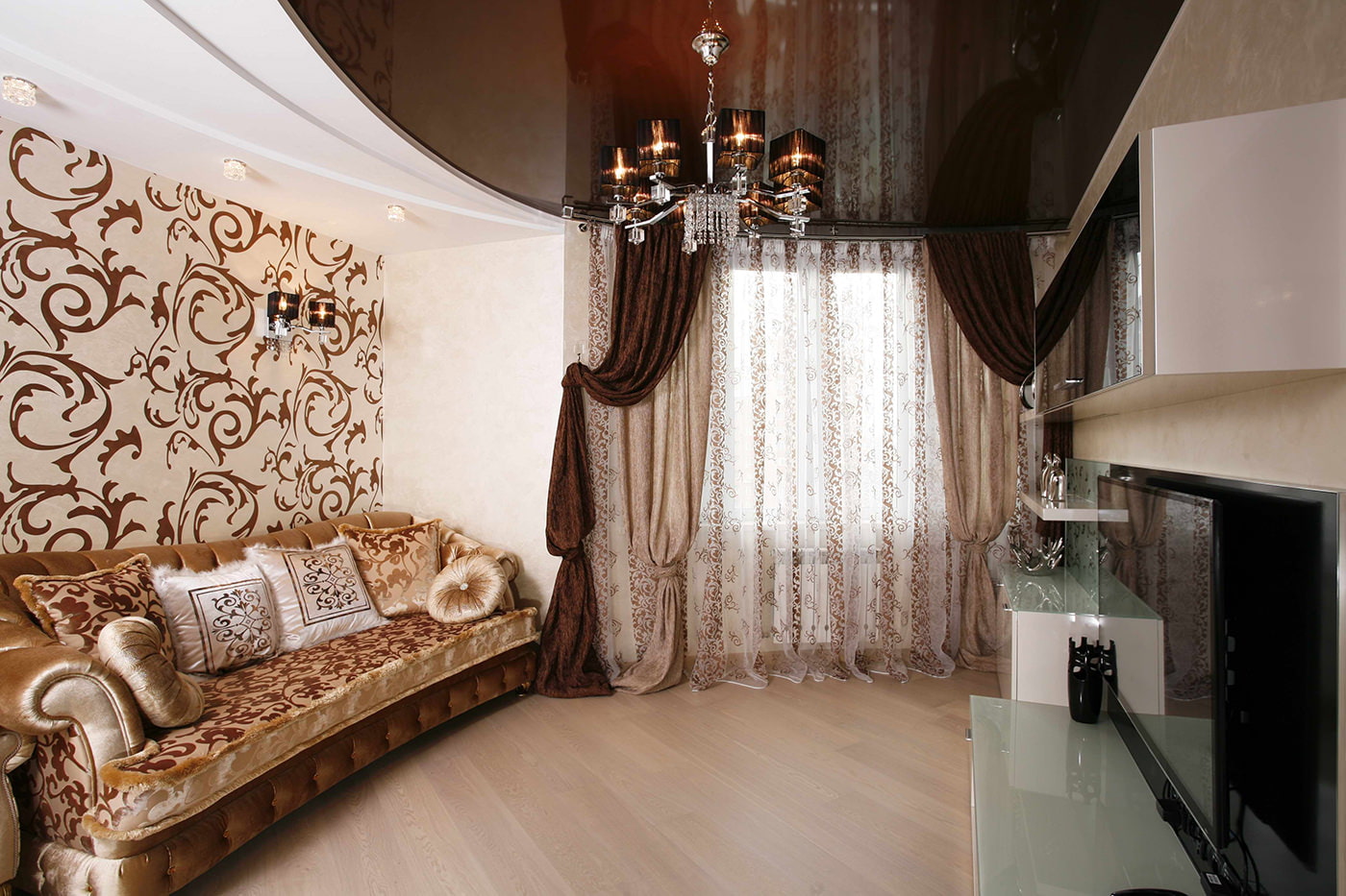 Brown ceiling in the living room interior