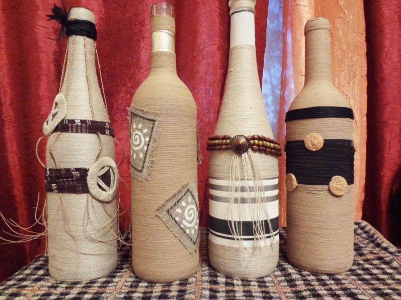 DIY threading empty bottles decor