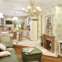 Fireplace in the interior of the kitchen-living room