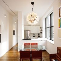 Narrow kitchen-living room in white