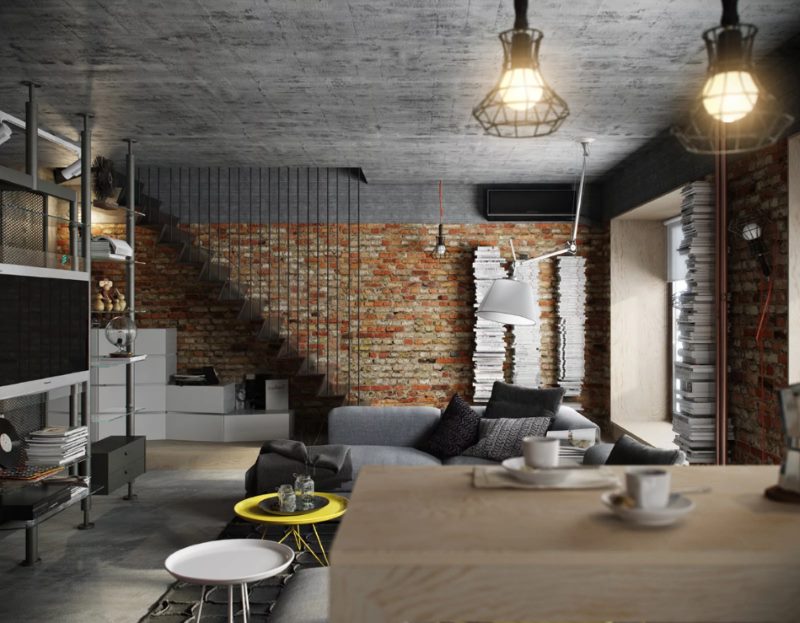 Beton mennyezet loft stílusú nappali