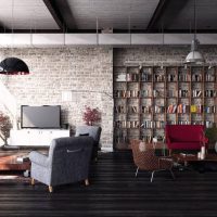 Loft style living room with bookshelves