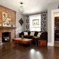 Colorful curtains in the living room with fireplace