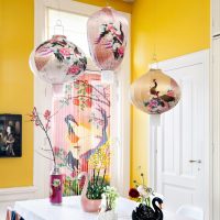 Dining table in a room with yellow walls