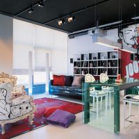 Black ceiling in the living room with large windows