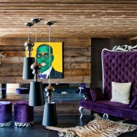 Wooden ceiling in a dark living room